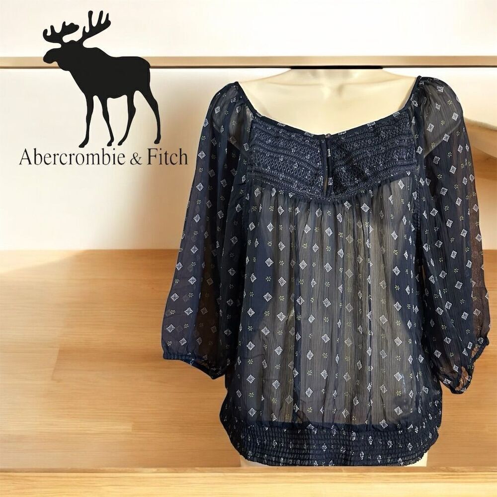 Abercrombie & Fitch Navy Sheer Smocked Peasant Top